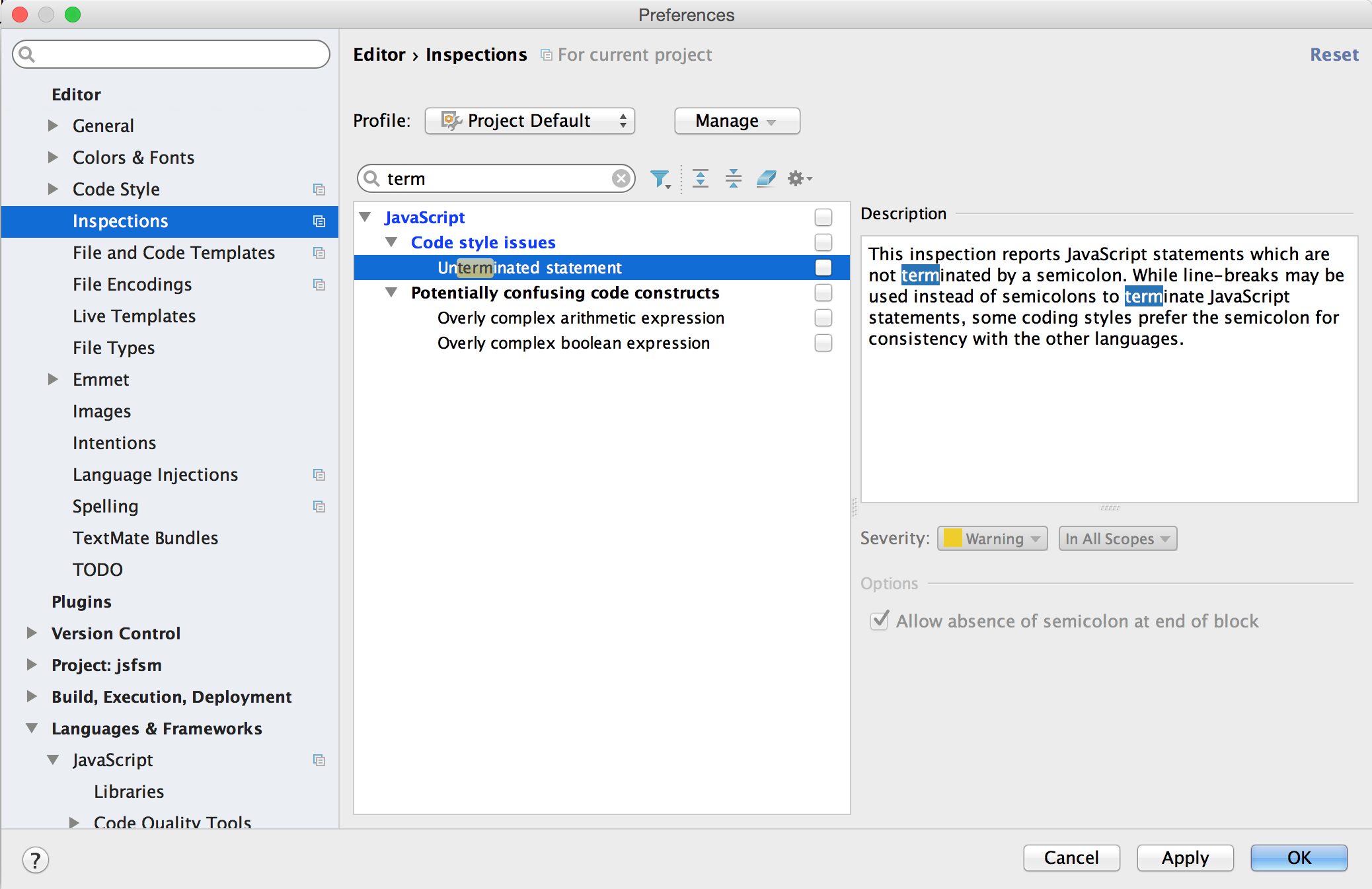 WebStorm Inspections